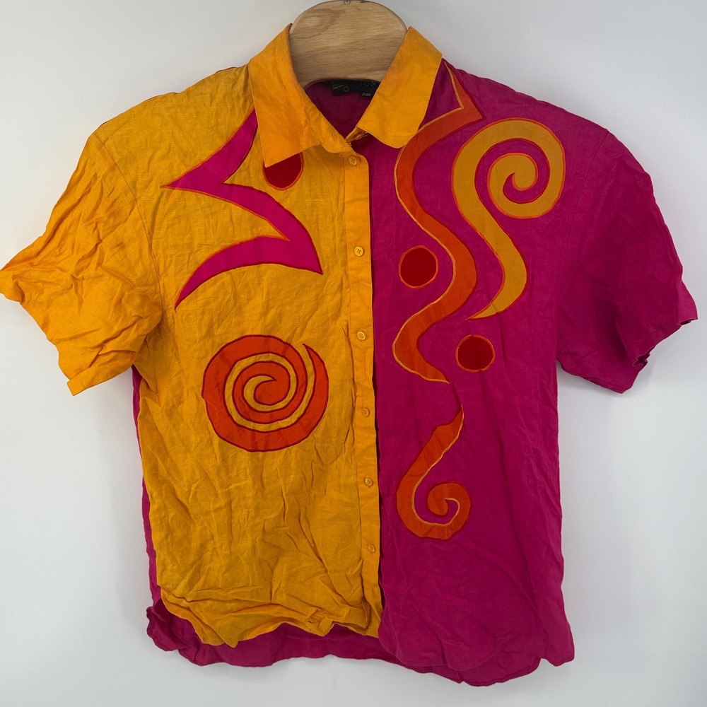 Vintage 90s IB Diffusion Linen Silk Applique Shirt Pink Orange 20W Art to Wear